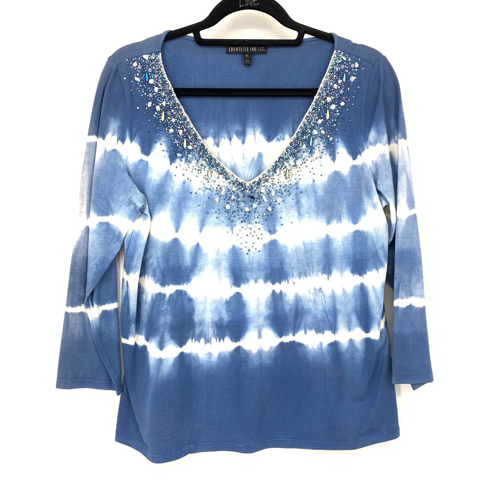 Lafayette 148 New York Top XL Blue White Tie Dye Rhinestone Beaded V Neck Shirt
